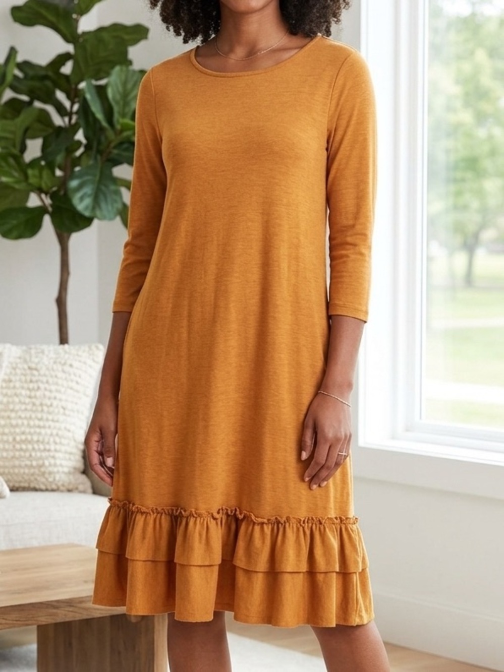 Zenana Outfitters Mustard Ruffle-Hem Midi Dress